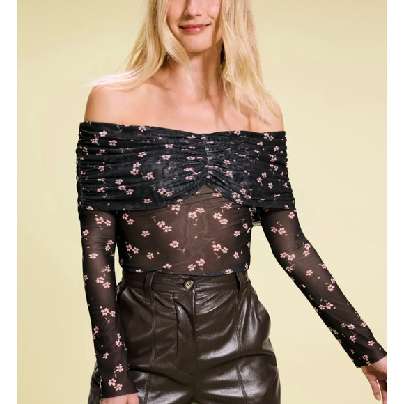 AFRM Tops - AFRM Black Floral Off the Shoulder Mesh Top MEDIUM Ruched Sheer Bodycon Pink $68